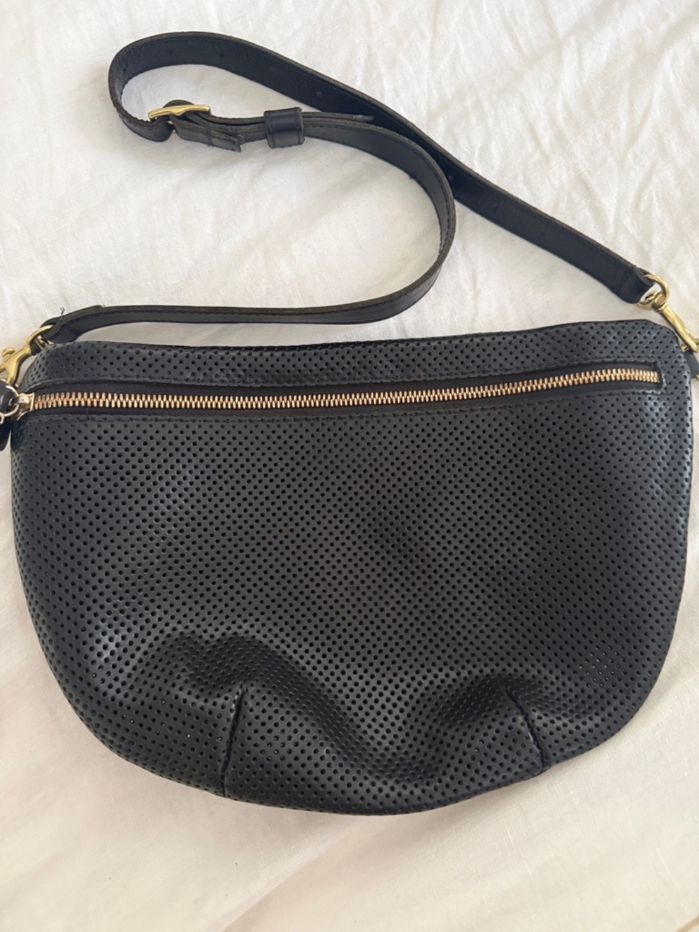 Clare V Black Perforated Leather Crossbody with Gold Hardware